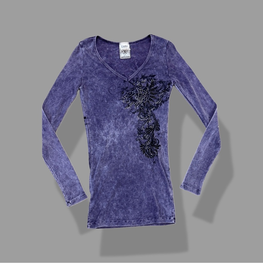 Affliction Style Purple Long Sleeve Top with Bedazzled Angel Wings Design